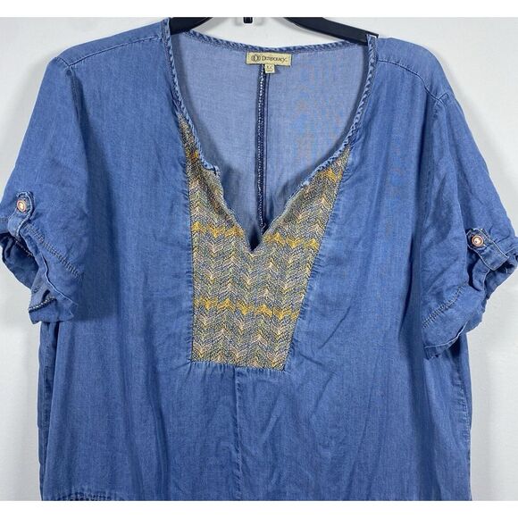 Democracy Womens Sz XL Boho‎ Western Dress Denim Chambray Embroidered Lyocell - Picture 2 of 5